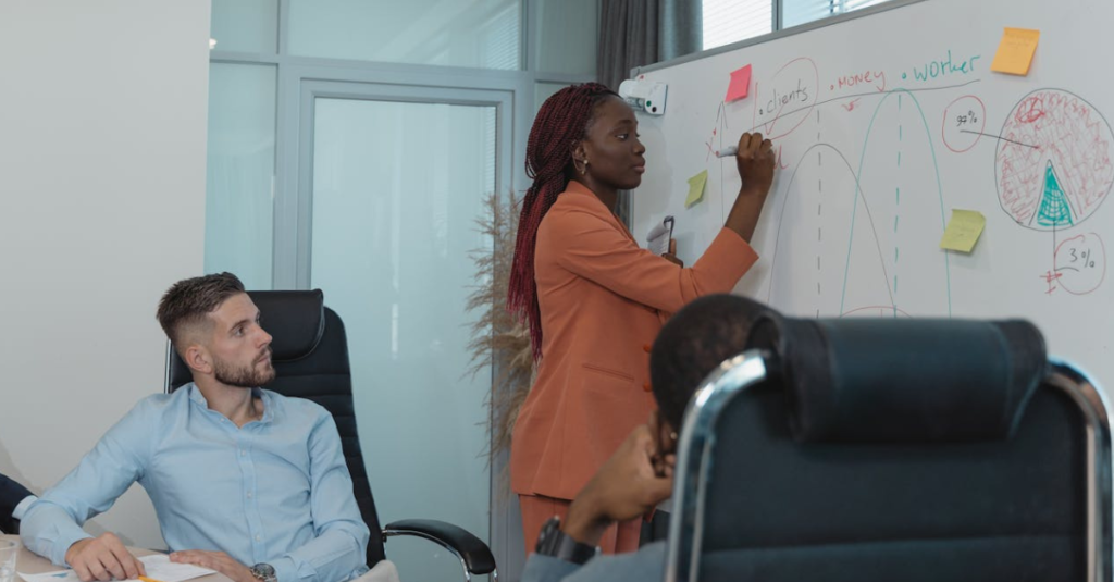 mulher negra com roupa social em escritório escrevendo em quadro branco enquanto outras pessoas assistem