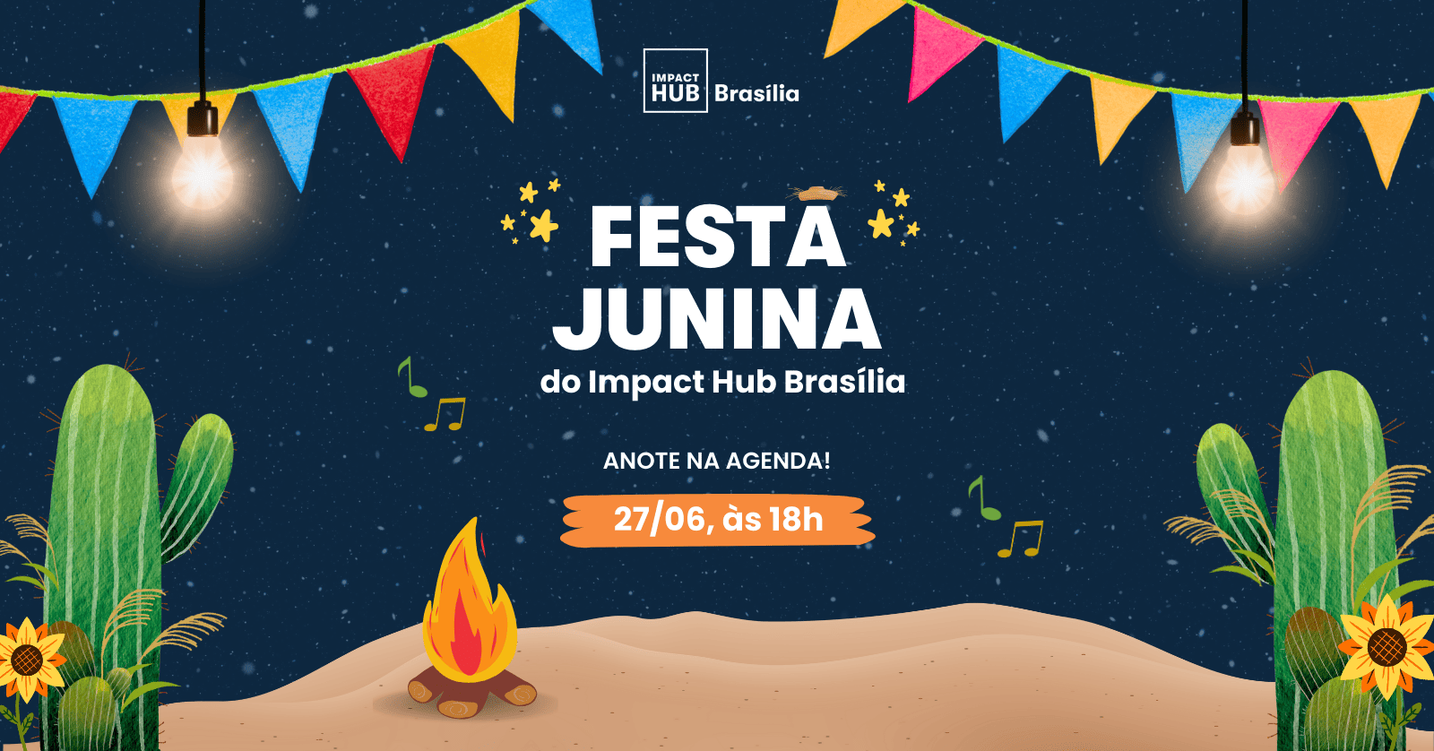 arte festa junina com bandeirinhas, cactos e fogueira em fundi escuro